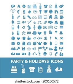 100 party, holidays, Christmas, vacation, celebration icons, signs, symbols set, vector