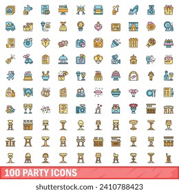 100 party icons set. Color line set of party vector icons thin line color flat on white