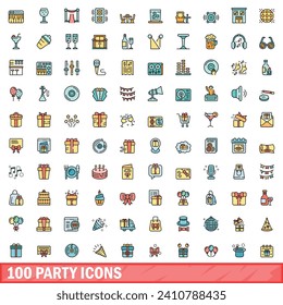 100 party icons set. Color line set of party vector icons thin line color flat on white