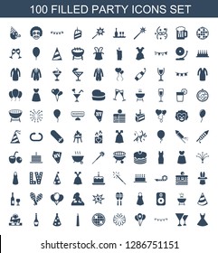 100 party icons. Trendy party icons white background. Included filled icons such as dress, wine glass, party flag, balloon, fireworks, disco ball. icon for web and mobile.