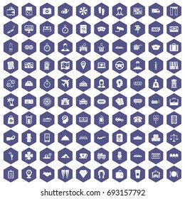 100 paying money icons set in purple hexagon isolated vector illustration
