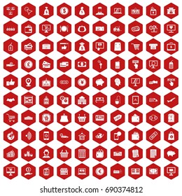 100 payment icons set in red hexagon isolated vector illustration