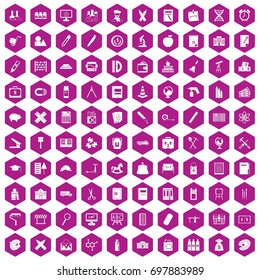 100 pensil icons set in violet hexagon isolated vector illustration