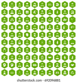 100 people icons set in green hexagon isolated vector illustration
