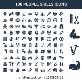 100 People Skills universal icons set with Body Building, Carpenter, Runner, Barber, Plumber, Chauffer, De, Graphic Accountant, Doctor