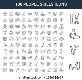 100 People Skills universal linear icons set with Body Building, Carpenter, Runner, Barber, Plumber, Chauffer, De, Graphic Accountant, Doctor