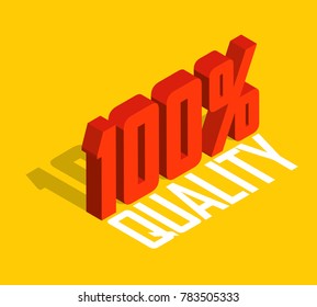 100% percent, 3D  isometric object. Sign of sale, quality, original, guarantee, natural. Red. Isolated yellow background. Eps10 Vector.