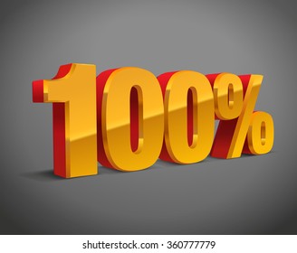 100% percent, 3D object, vector, eps10. Red, golden, yellow sign of sale, quality, original, guarantee, natural