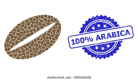 100 percent Arabica textured stamp seal and vector recursion mosaic coffee bean. Blue stamp seal has 100 percent Arabica title inside rosette. Vector mosaic is done of recursive rotated coffee bean