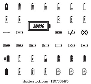 100 percent battery icon. Battery vector illustration icons set