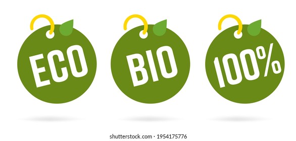 100 percent bio eco organic food product drink round tag set. Green quality guarantee purity original ecofriendly healthy eating certificate label vector illustration isolated on white background