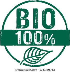 100 percent bio grunge stamp vector icons. Ecology, environment, natural food, organic and healthy diet concept.