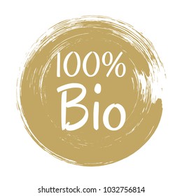 100 percent bio label vector, painted round emblem icon for products packaging. Bio sign with text 100 percent, tag circle stamp isolated, logo shape label graphic design. Brown insignia on white.