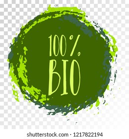 100 percent bio label vector, painted round emblem icon for products packaging. Bio sign with text 100 percent, tag circle stamp, logo shape label graphic design.
