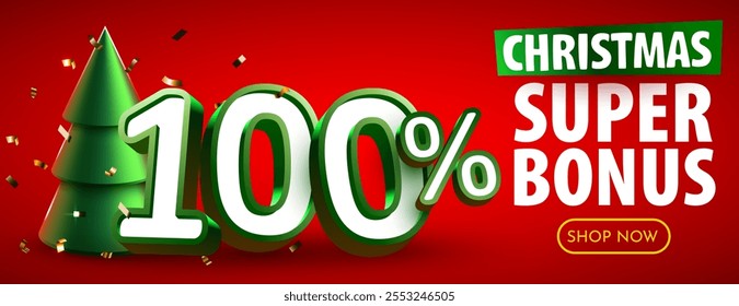 100 percent bonus. Discount creative composition. Merry Christmas and Happy New Year. Sale banner and poster. Vector illustration.