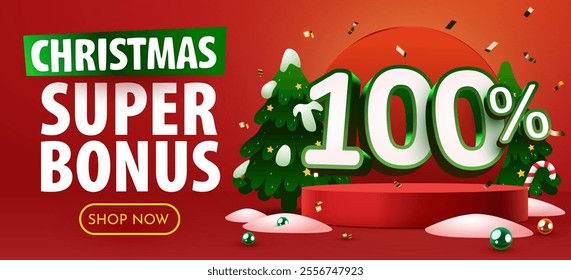 100 percent bonus. Discount creative composition. Merry Christmas and Happy New Year. Sale banner and poster. Vector illustration.