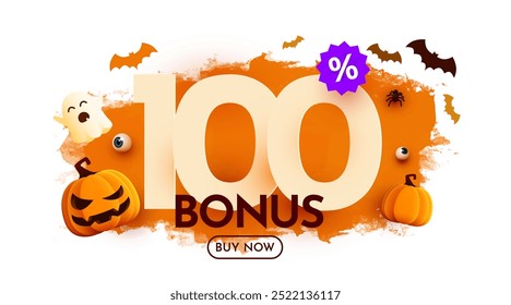 100 por ciento de bonificación. Plantilla de Anuncio de venta de Halloween. Podio y números con cantidad de descuento. Oferta especial de octubre. Ilustración vectorial.