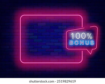 100 percent bonus neon flyer. Present and surprise. Empty pink frame and speech bubble with text. Shopping, gift. Shiny flyer. Copy space. Editable stroke. Vector stock illustration