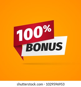 100 percent bonus web banner on yellow background. Web gift label vector illustration 