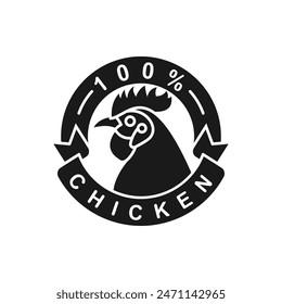 100 percent chicken, rooster label icon flat style isolated on white background. Vector illustration