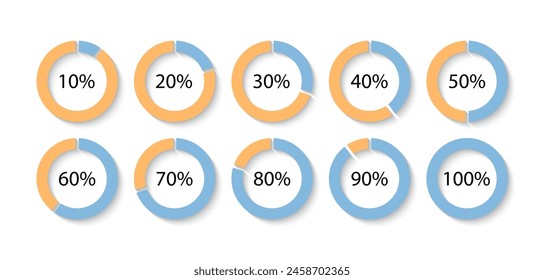 100 percent circle loading template. Round pie chart schemes with sectors. Circular progress bar blue and yellow. Progress diagram structure. Piechart with segments and slices. Vector illustration