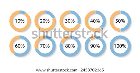 100 percent circle loading template. Round pie chart schemes with sectors. Circular progress bar blue and yellow. Progress diagram structure. Piechart with segments and slices. Vector illustration