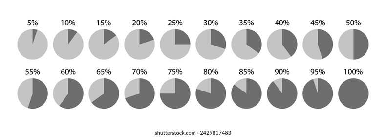 100 por ciento barra circular. Cargando barra de diagrama. Gráfico circular con segmentos y sectores. Plantilla de progreso redonda gris. Gráfico circular. Esquemas con sectores. Ilustración de vector