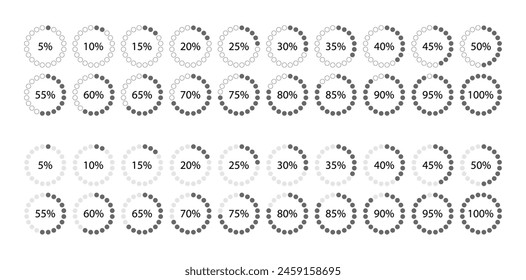 100 percent circular section graph. Circle filling template. Round pie chart. Diagram structure divided into pieces. Schemes with sectors. Piechart with segments and slices. Vector illustration