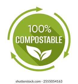 100 percent Compostable badge for labeling. Green circle with leaf pictogram and renew sign