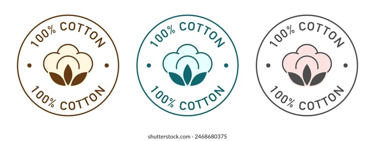 100 percent cotton label vector design for packaging. Cotton flower icon. Organic fabric color sticker.