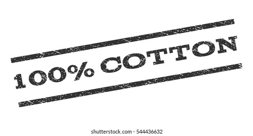 100 Percent Cotton watermark stamp. Text tag between parallel lines with grunge design style. Rubber seal stamp with dirty texture. Vector gray color ink imprint on a white background.