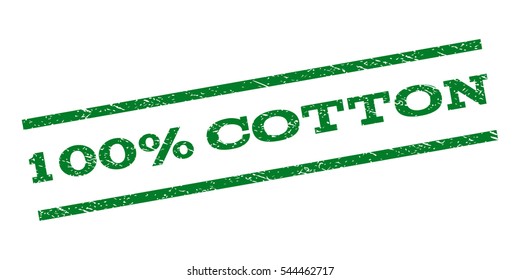 100 Percent Cotton watermark stamp. Text tag between parallel lines with grunge design style. Rubber seal stamp with dirty texture. Vector green color ink imprint on a white background.