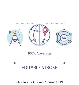 100 percent coverage concept icon. 5G technologies idea thin line illustration. High-speed connection. Telecommunicational tower. Vector isolated outline drawing. Editable stroke