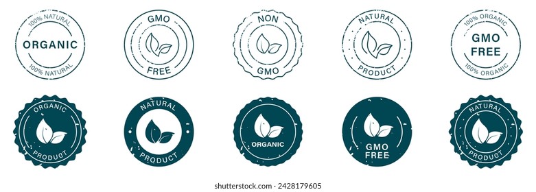 100 Percent Eco Natural Grunge Badge Set. Organic Bio Product Rubber Stamp. Non Gmo Emblem. Gmo Free Round Sticker Collection. Vegan Food Silhouette and Line Label. Isolated Vector Illustration.