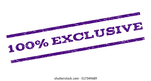 100 Percent Exclusive watermark stamp. Text tag between parallel lines with grunge design style. Rubber seal stamp with unclean texture. Vector indigo blue color ink imprint on a white background.