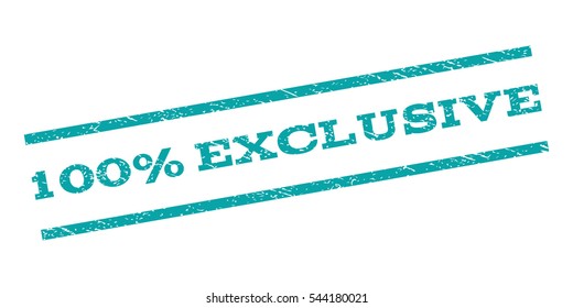 100 Percent Exclusive watermark stamp. Text tag between parallel lines with grunge design style. Rubber seal stamp with scratched texture. Vector cyan color ink imprint on a white background.