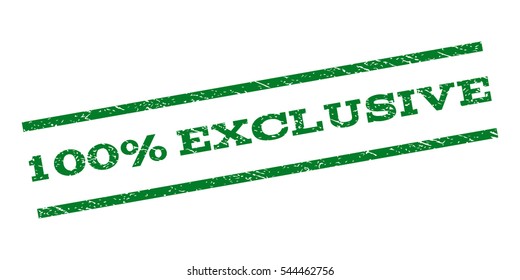 100 Percent Exclusive watermark stamp. Text tag between parallel lines with grunge design style. Rubber seal stamp with unclean texture. Vector green color ink imprint on a white background.