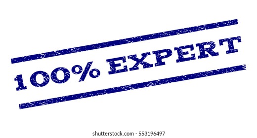 100 Percent Expert watermark stamp. Text tag between parallel lines with grunge design style. Rubber seal stamp with scratched texture. Vector navy blue color ink imprint on a white background.