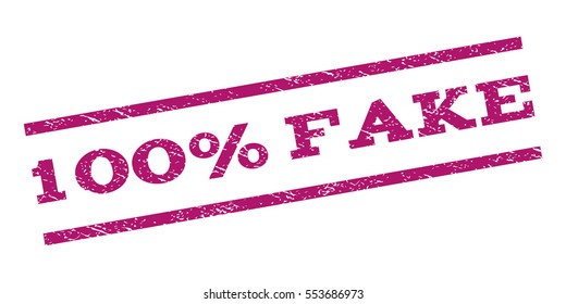 100 Percent Fake watermark stamp. Text tag between parallel lines with grunge design style. Rubber seal stamp with scratched texture. Vector purple color ink imprint on a white background.