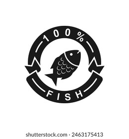 100 percent fish label sticker icon flat style isolated on white background. Vector illustration