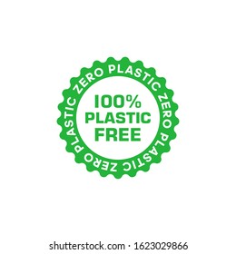 100 percent free plastic green badge. Eco friendly concept design element. Vector stock illustration.