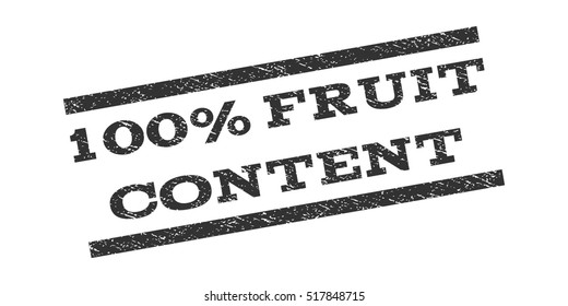100 Percent Fruit Content watermark stamp. Text tag between parallel lines with grunge design style. Rubber seal stamp with unclean texture. Vector gray color ink imprint on a white background.