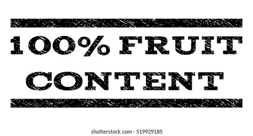 100 Percent Fruit Content watermark stamp. Text caption between horizontal parallel lines with grunge design style. Rubber seal stamp with scratched texture.