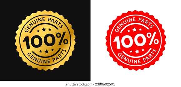 100 percent genuine parts text with circular red and gold stamp frame label. Vector Illustration
