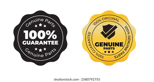 100 percent genuine parts text with circular Tick Mark, Genuine parts seal or Genuine parts label vector on white background. genuine product label for packaging. badge, stamp, sticker, logo, icon.