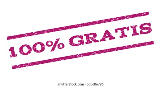 100 Percent Gratis watermark stamp. Text caption between parallel lines with grunge design style. Rubber seal stamp with scratched texture. Vector purple color ink imprint on a white background.