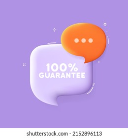 100 percent guarantee. Speech bubble with 100 percent guarantee text. 3d illustration. Pop art style. Vector line icon for Business and Advertising