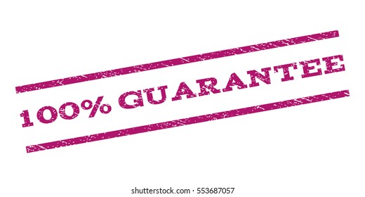 100 Percent Guarantee watermark stamp. Text caption between parallel lines with grunge design style. Rubber seal stamp with dust texture. Vector purple color ink imprint on a white background.