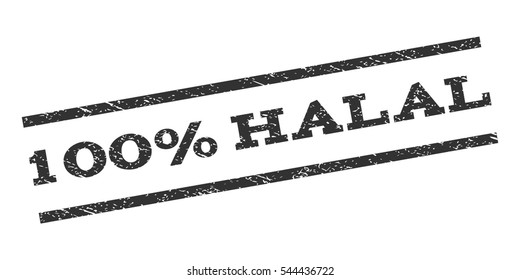 100 Percent Halal watermark stamp. Text tag between parallel lines with grunge design style. Rubber seal stamp with dust texture. Vector gray color ink imprint on a white background.