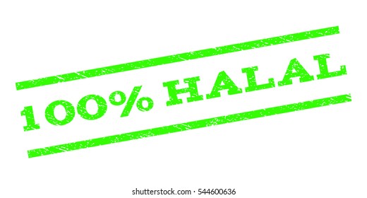 100 Percent Halal watermark stamp. Text tag between parallel lines with grunge design style. Rubber seal stamp with unclean texture. Vector light green color ink imprint on a white background.